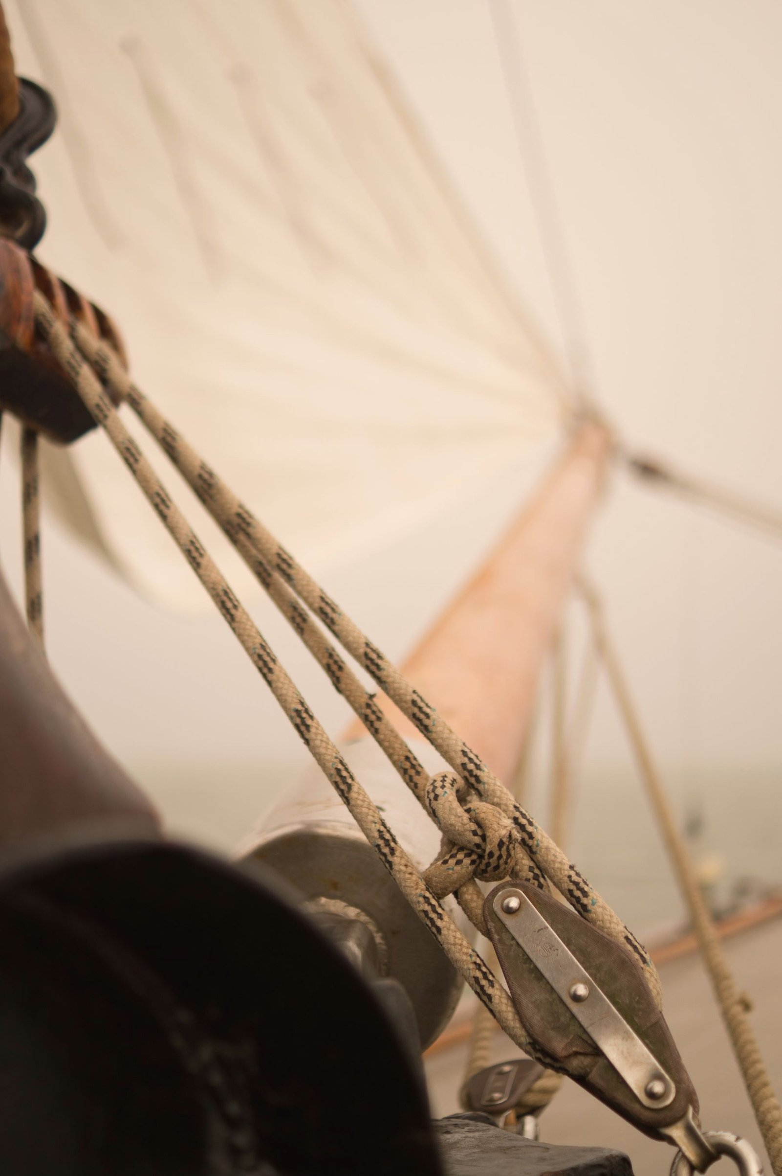 Rope rigging running through fittings against taut cloth.